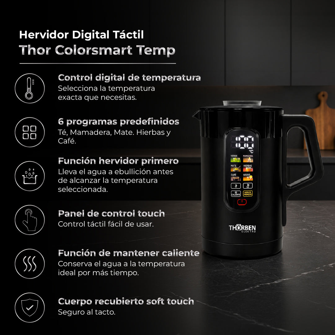 Hervidor Digital Táctil de 1,5 Lt Thor Colorsmart Temp