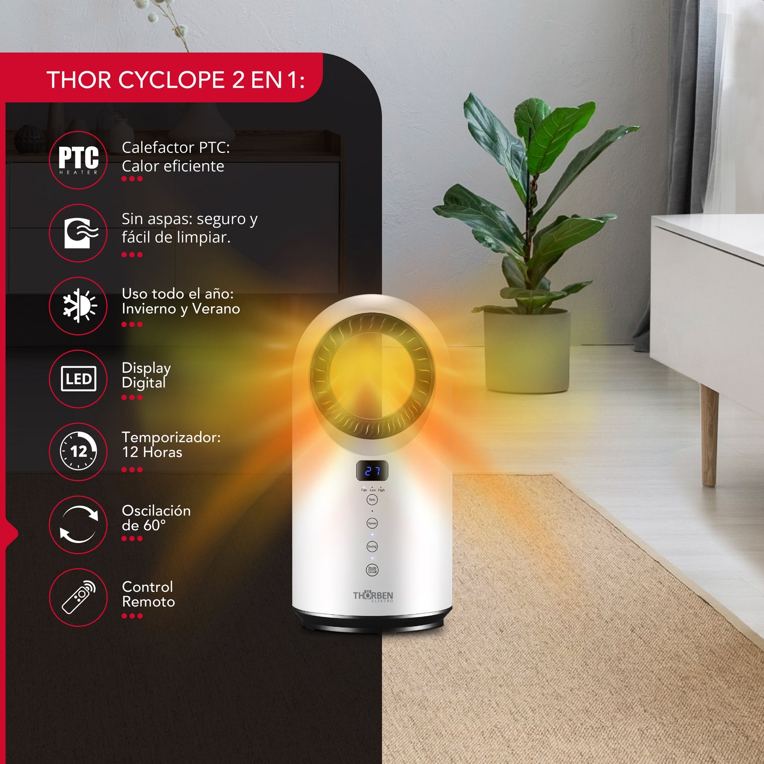Calefactor y ventilador sin aspas Thor Cylope 2en1