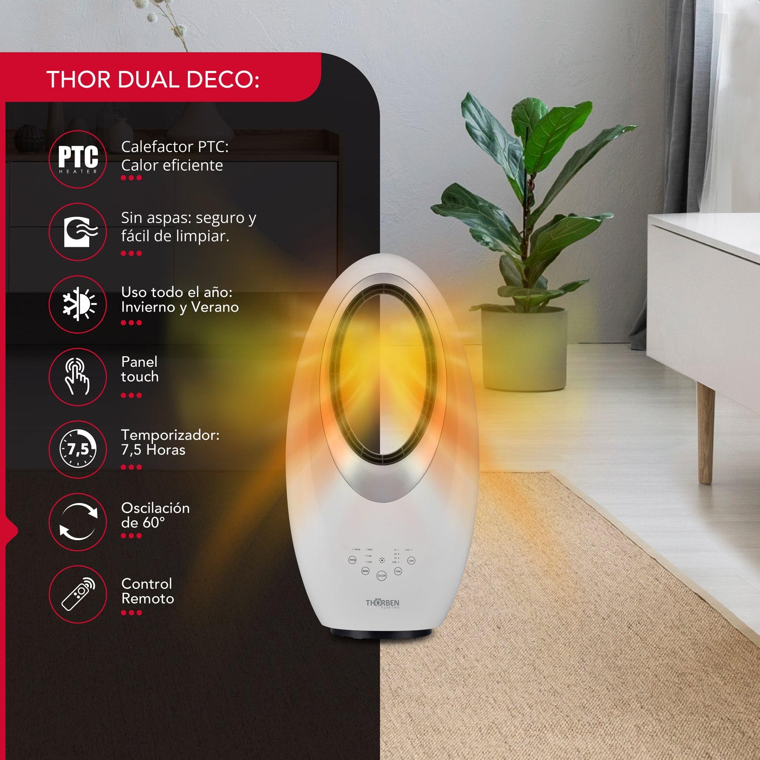 Calefactor y ventilador sin aspas  Thor Dual Deco
