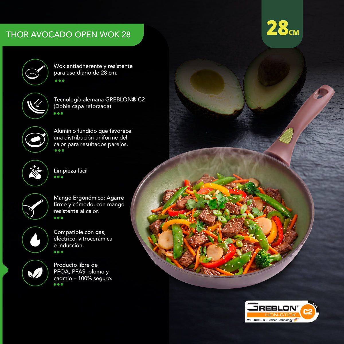 Wok Antiadherente Thor Avocado 28 cm