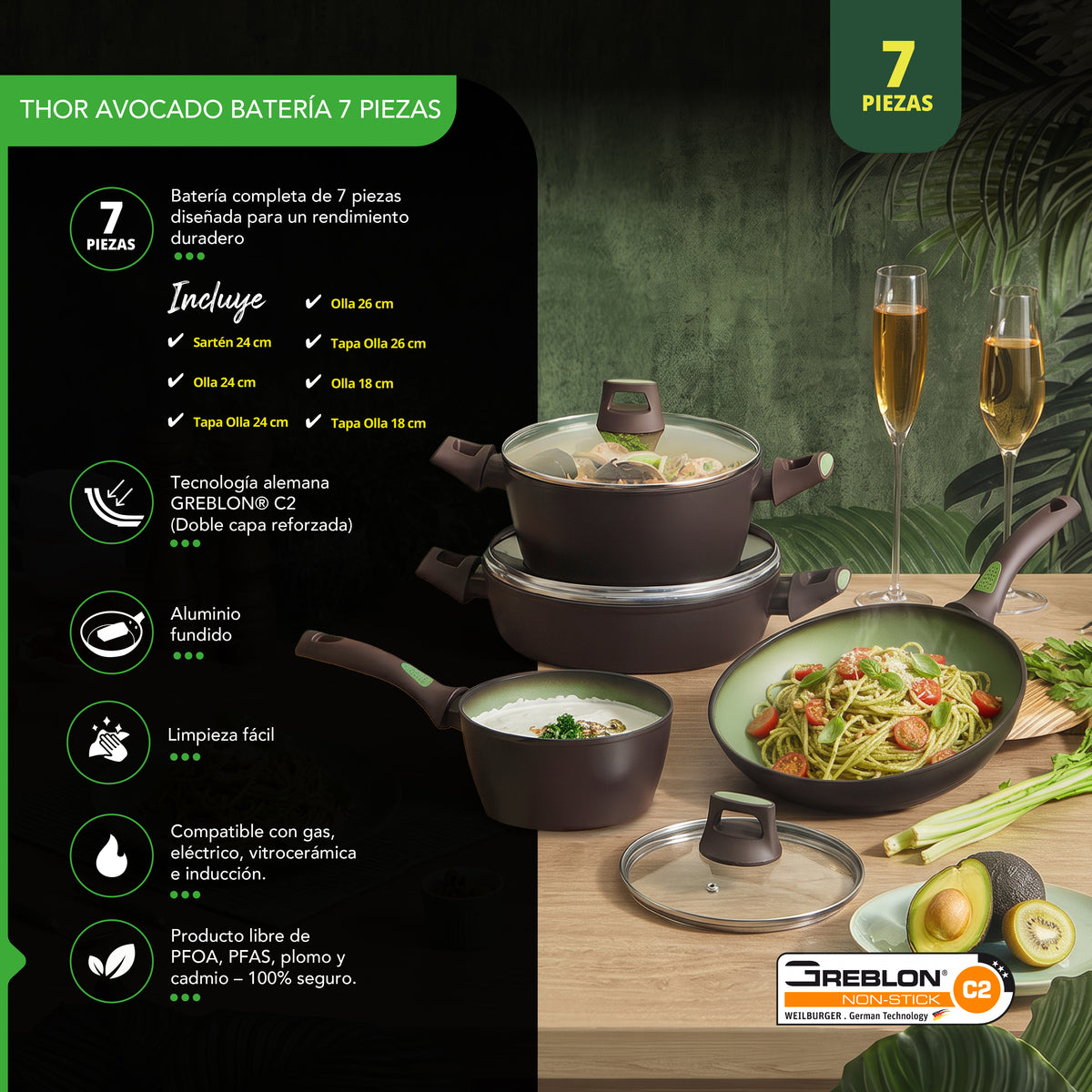 Batería de Cocina Thor Avocado 7 Piezas
