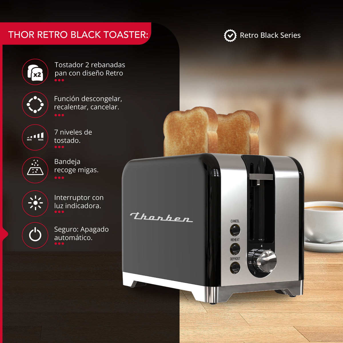 Tostador Thor Retro Black Toaster 2 Panes