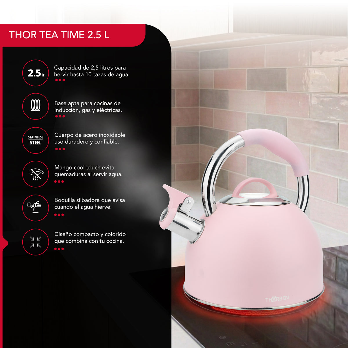 Tetera Thor Tea Time Rosa 2.5L Acero Inoxidable Silbadora
