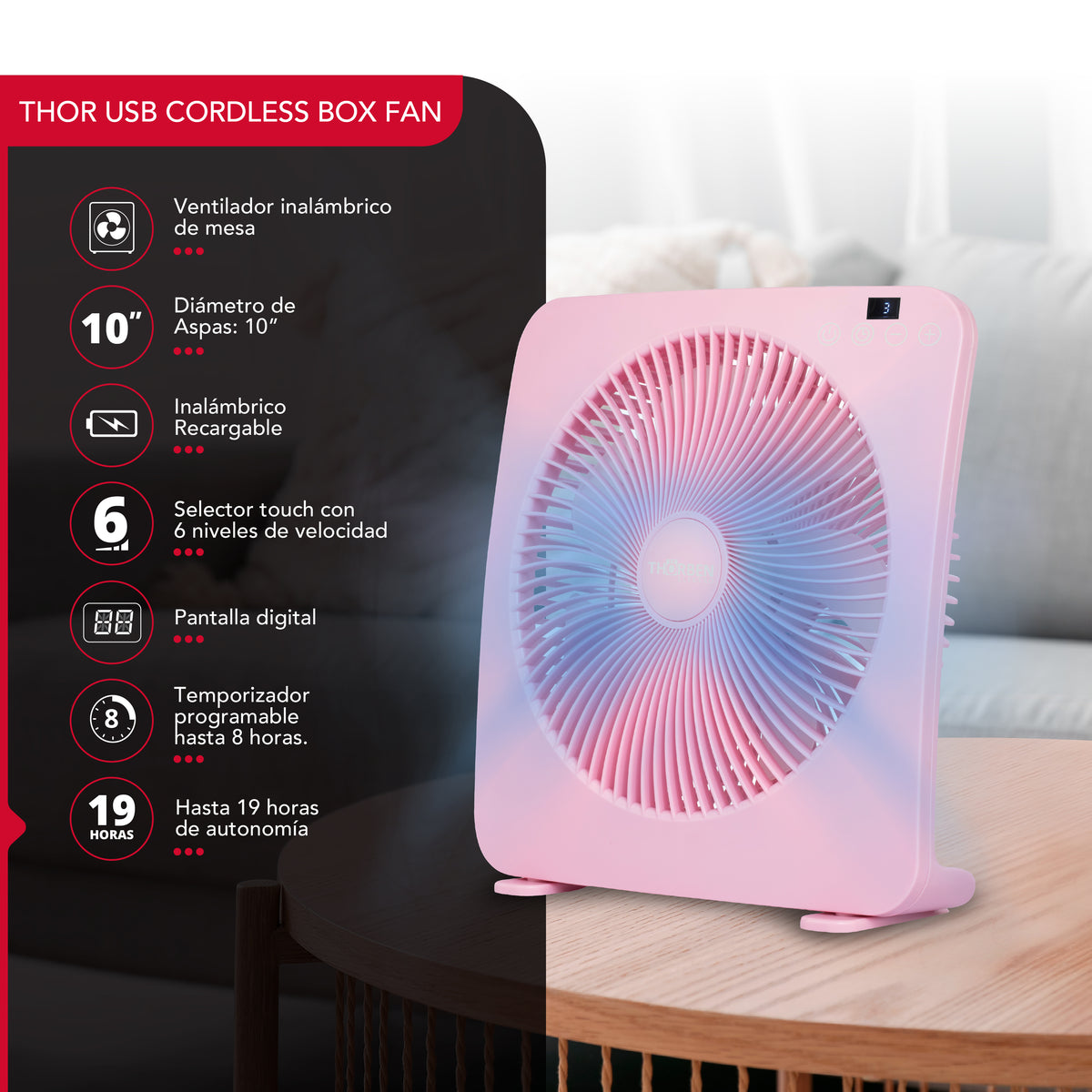 Ventilador USB Recargable Thor Box Fan Rosa
