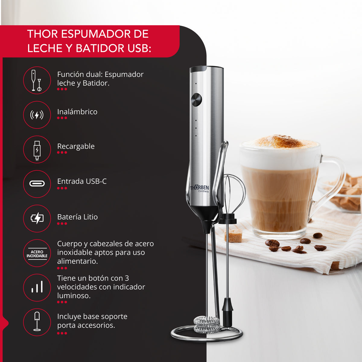 Espumador y Batidor USB Inox Thor Dual Milk Frother